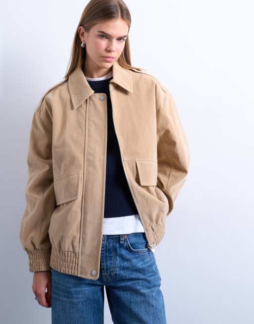 Topshop - Bomber oversize in camoscio sintetico color pietra