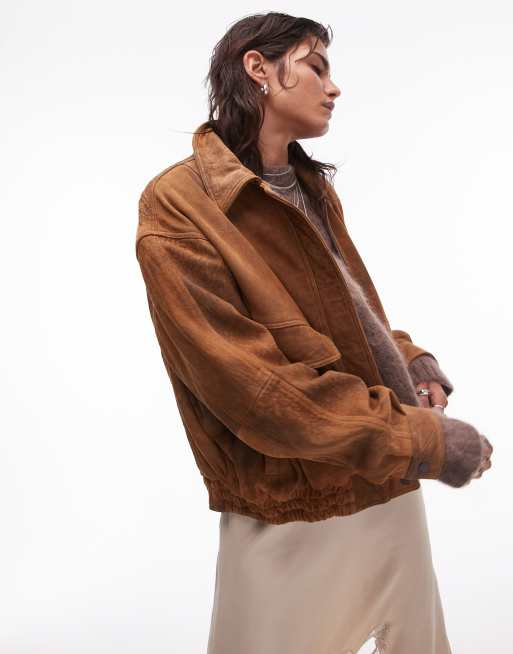 Topshop - Bomber oversize premium in vero camoscio color cuoio