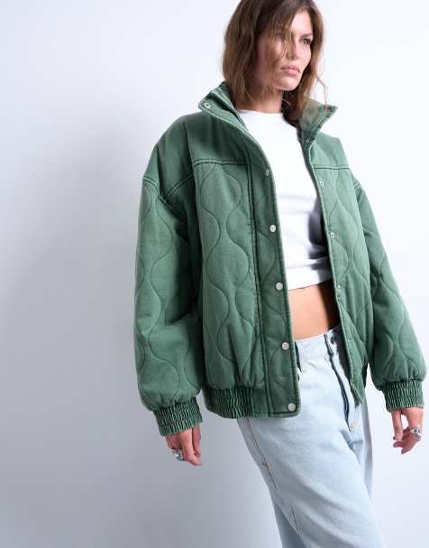 Topshop - Bomber oversize trapuntato verde in cotone lavaggio acido - view 1