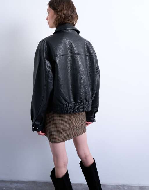 Topshop - Bomber oversize zippé coupe carrée bouffante en similicuir - Noir, 3 de 4