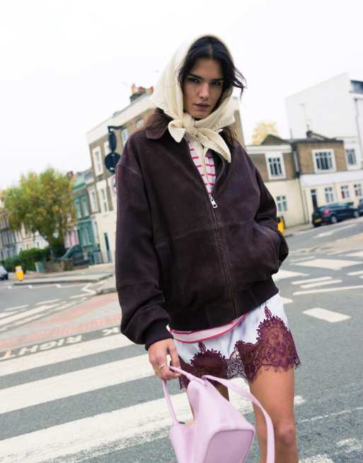 Topshop - Bomber premium in vero camoscio color cioccolato