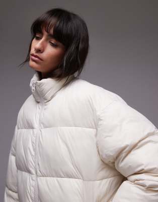 bomber puffer jacket in cream-White