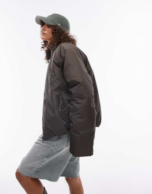 Topshop bomber puffer jacket in khaki, 2 of 4