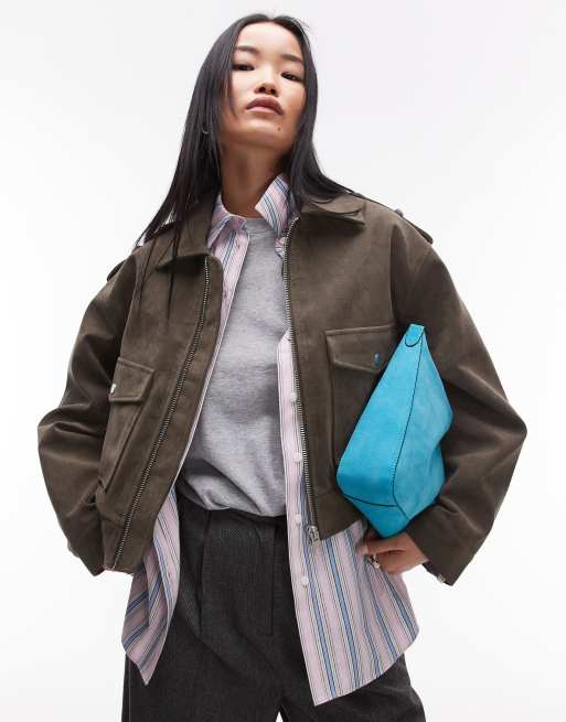 Topshop - Bomber taglio corto in camoscio sintetico kaki con bottoni a pressione
