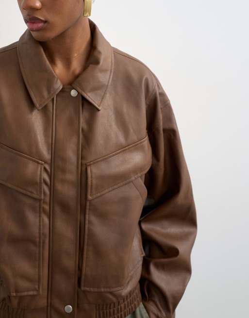 Topshop - Bomber zippé coupe carrée bouffante en similicuir - Marron délavé, 2 de 4