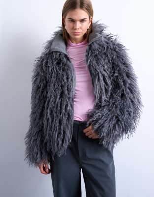 Topshop - Bomber zippé en fausse fourrure style mongol - Gris