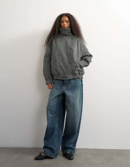 Topshop bomberjack met opstaande boord, wol en ceintuur, geruit, 2 van 4