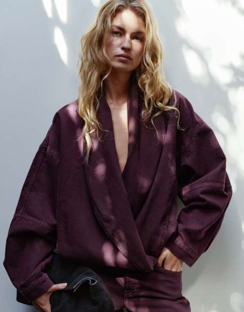 Topshop bomberjack met overslag en gedrapeerde halslijn in aubergine - view 1