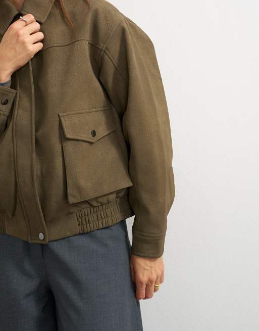 Topshop bomberjack van imitatieleer oversized in bruin, 4 van 4
