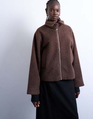 Topshop - Bomberjacke aus Bouclé in Schokobraun mit Laschendetail-Bunt