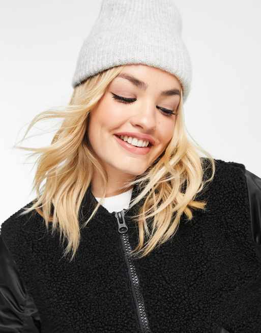 Topshop – Bomberjacke aus einer Mischung aus Satin und Teddyfell in Schwarz, 3 von 4