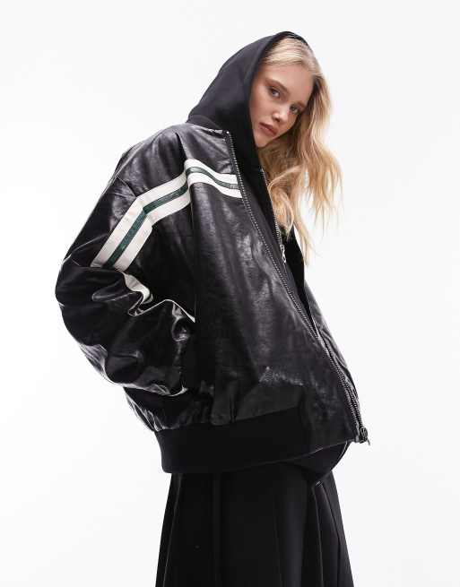 Topshop – Bomberjacke aus Kunstleder in Schwarz mit Streifendetail
