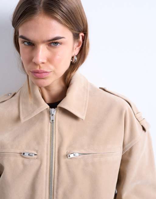 Topshop – Bomberjacke aus Wildlederimitat in Steinbeige mit ovalen Ärmeln, 3 von 4