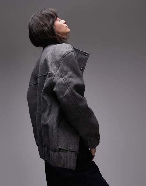 Topshop – Bomberjacke aus Wollimitat in Anthrazit - view 1