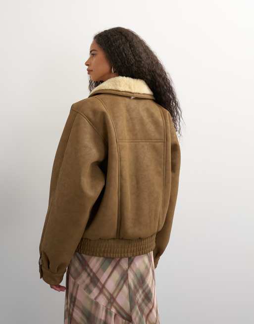 Topshop bonded schapenvacht met sjaalkraag in lichtbruin, 4 van 4