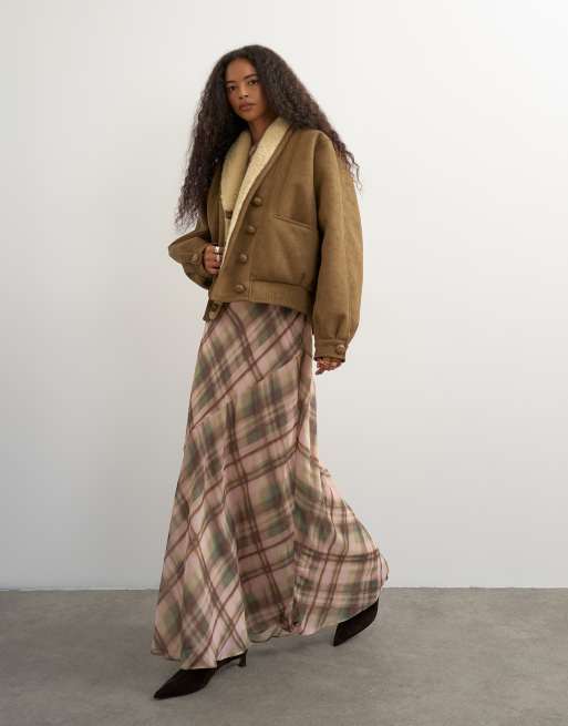 Topshop bonded shearling med sjalskrave i tan, 3 af 4