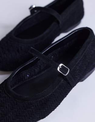 Topshop Bonnie real suede woven ballet in black