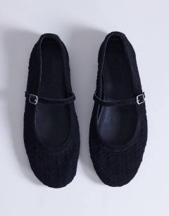 Model wearing Bonnie real suede woven ballet in black