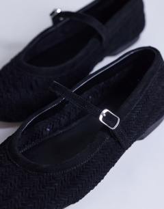 Model wearing Bonnie real suede woven ballet in black