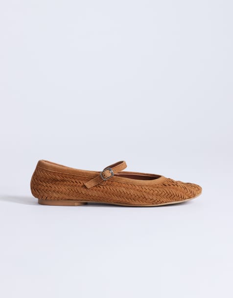 Topshop Bonnie real suede woven ballet in tan - view 1