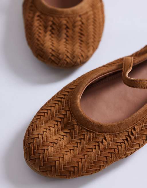 Topshop Bonnie real suede woven ballet in tan, 3 of 4