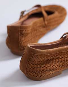 Model wearing Bonnie real suede woven ballet in tan