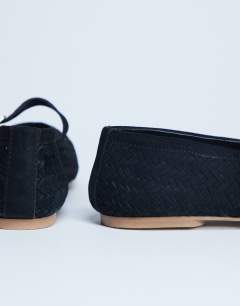 Model wearing Bonnie woven real suede mary jane ballet in black suede