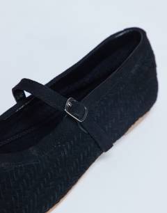 Model wearing Bonnie woven real suede mary jane ballet in black suede