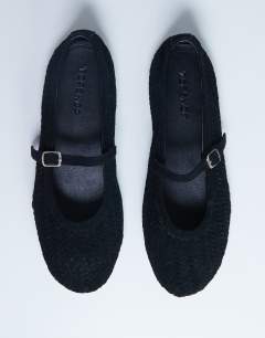 Model wearing Bonnie woven real suede mary jane ballet in black suede