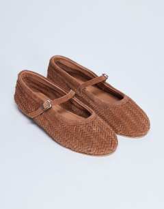 Model wearing Bonnie woven real suede mary jane ballet in tan suede
