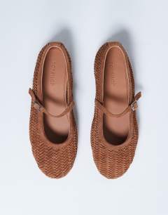 Model wearing Bonnie woven real suede mary jane ballet in tan suede