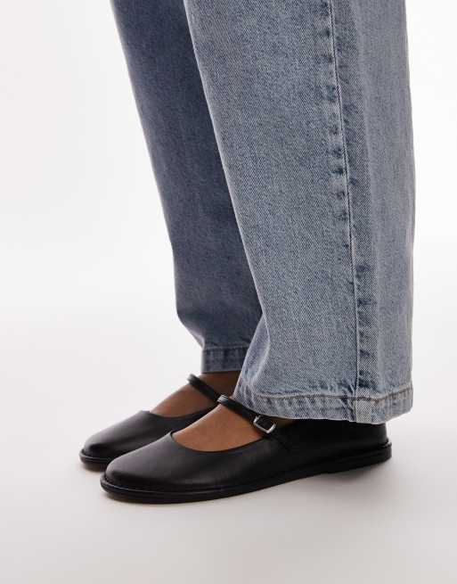 Topshop - Bonny - Ballerines en cuir de qualité supérieure à bout rond - Noir