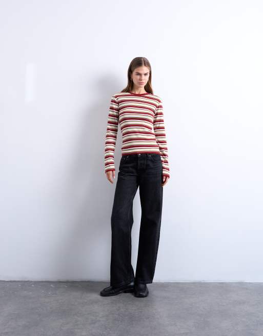 Topshop - Bordeaux basis-T-shirt med lange ærmer og striber, 2 af 4