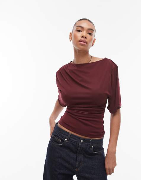 Topshop - Bordeaux kortærmet jerseytop med spændebånd i siden - view 1