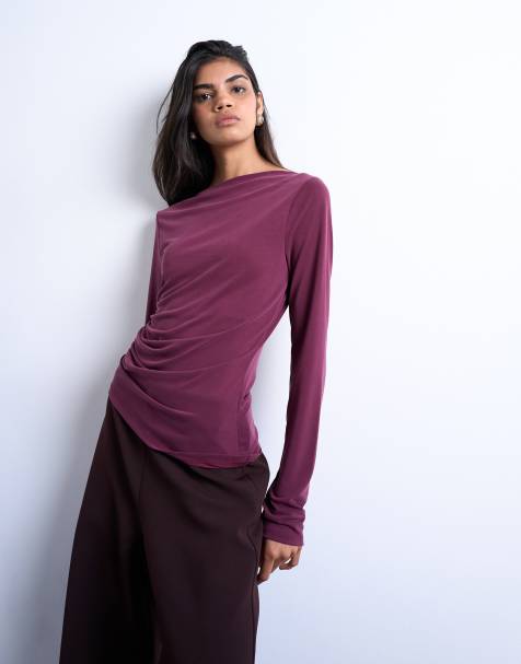 Topshop - Bordeaux top med lange detaljer og rynkedetalje i siden i cupro - view 1