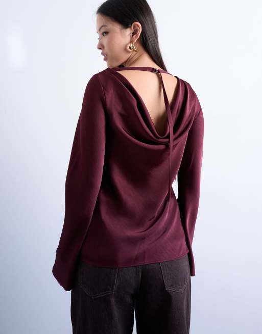 Topshop - Bordeaux top med lange ærmer og vandfaldsdetalje, 4 af 4