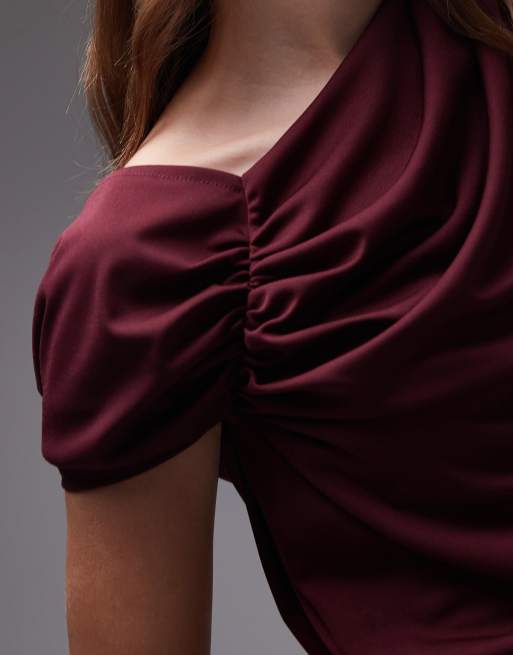 Topshop - Bordeaux top med oneshoulder-snit og rynkedetalje, 3 af 4