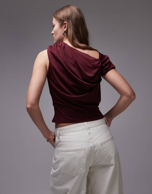Topshop - Bordeaux top med oneshoulder-snit og rynkedetalje, 4 af 4