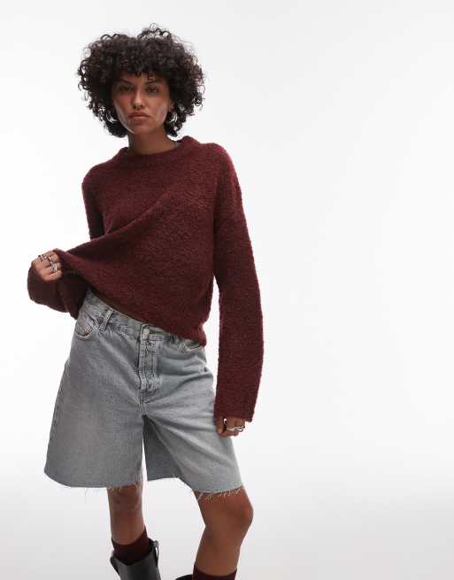 Topshop - Bordeaux trøje med rund hals i strikket boulé, 2 af 4