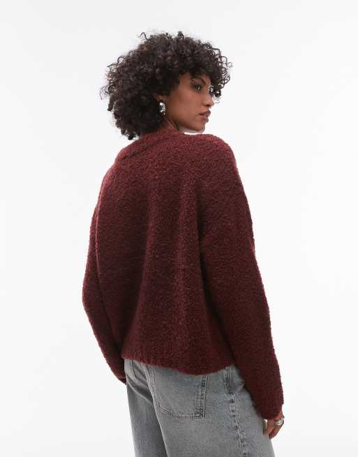 Topshop - Bordeaux trøje med rund hals i strikket boulé, 3 af 4