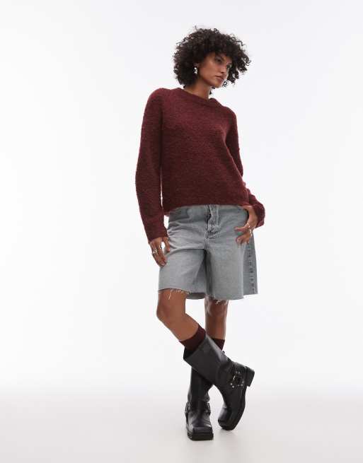 Topshop - Bordeaux trøje med rund hals i strikket boulé, 4 af 4