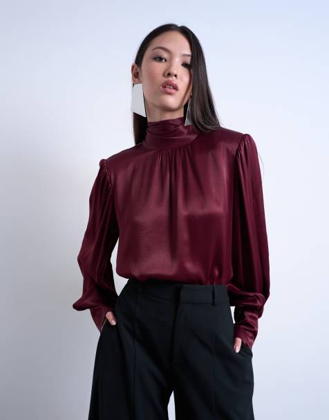 Topshop - Bordeauxrød bluse med tørklæde i satin - view 1