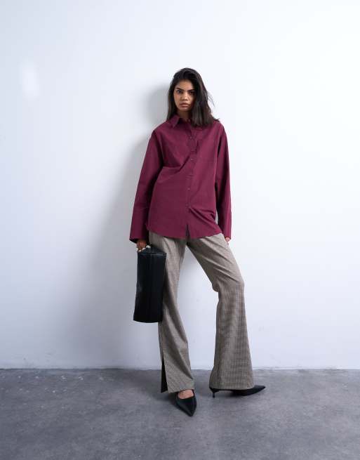 Topshop - Bordeauxrød og oversized skjorte i poplin med tætsiddende talje, 3 af 4