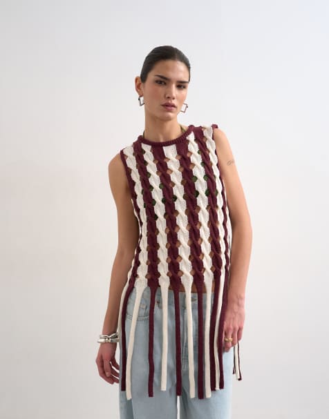 Topshop - Bordeauxrød ærmeløs longline-top i strik med frynsekant - view 1