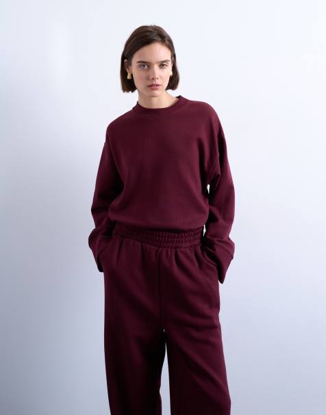 Topshop clean oversized deep cuff sweat in burgundy