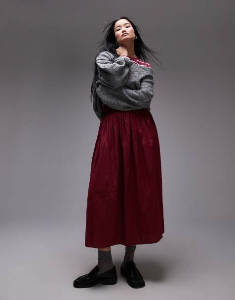 Topshop crinkle cotton laundered full skirt in burgundy