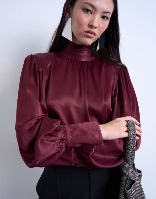 Topshop – Bordowa satynowa bluzka z ozdobną chustą, 2 z 4