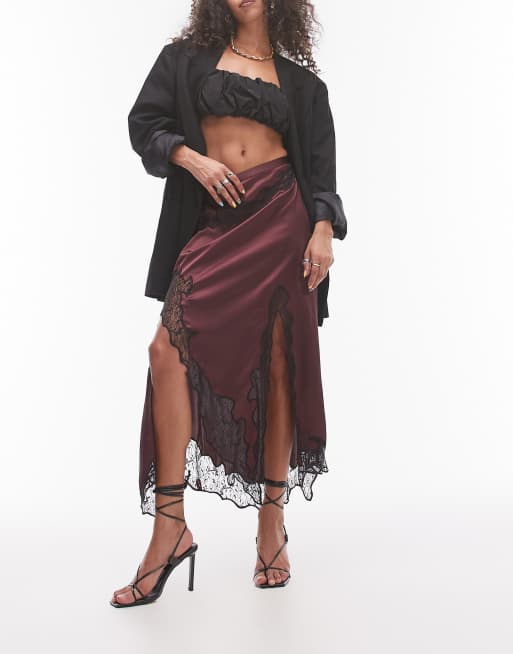 Topshop – Bordowa satynowa spódnica maxi z czarną koronką