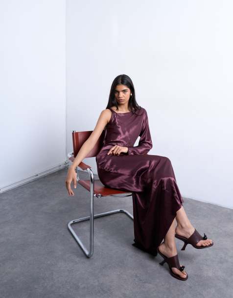 Topshop one sleeve twist strap satin maxi dress in port royale