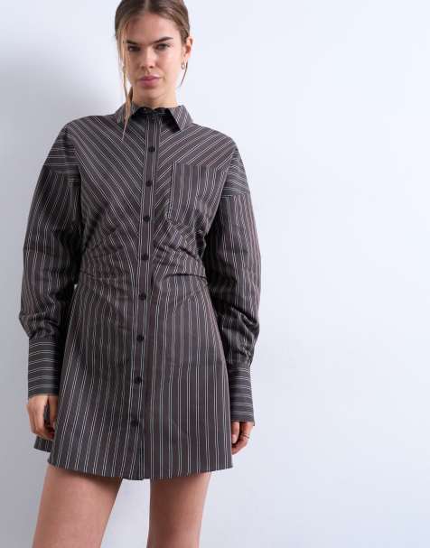 Topshop – Bordowa sukienka koszulowa w paski z długimi rękawami i zebraniem w talii - view 1